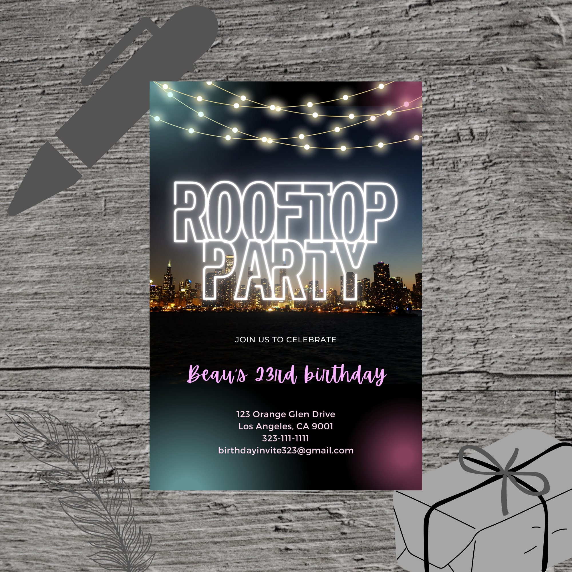 Rooftop Theme Birthday Party Invitation Template, Bar Lounge View