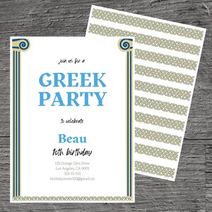 Greek Party for Beau Theme Birthday Party Invitation Template, Nerd, Intellectual, Bookman, Techie, Custom Editable 5 x 7", Canva Free Tool.