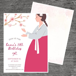 May include: A pink and white birthday invitation with a cartoon illustration of a girl wearing a traditional Korean hanbok dress. The invitation reads "Join us for Emma's 10th Birthday, September 18, at 16:00".