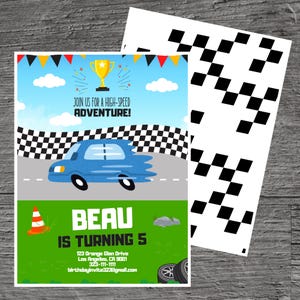 Need for speed theme for Beau Theme Birthday Party Invitation Template, Race cars, Finish line, Custom Editable 5 x 7&quot;, Canva Free Tool.