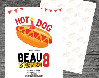 Hot Dog Bar für Beau Theme Geburtstagsparty Einladung Vorlage, Footlong, Wurst im Brötchen, Red hot, Custom Editierbar 5 x 7 ", Canva Free Tool.