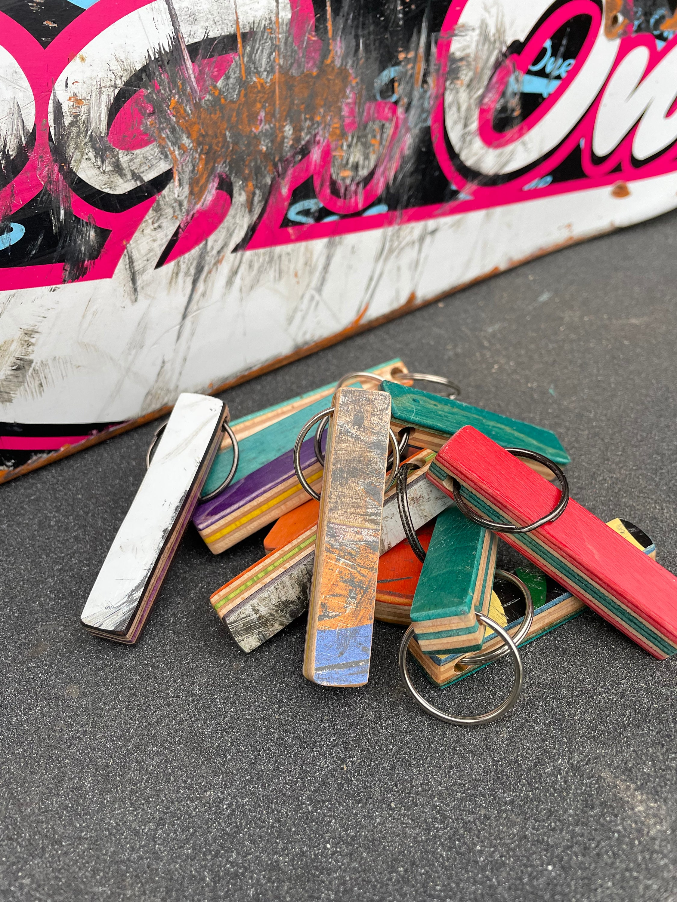 Recycled skateboard keychain