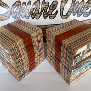 Recycled skateboard coasters.
