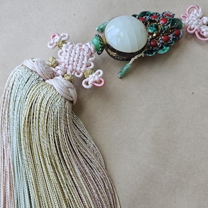Double White Jade Wealth 37.5 cm Norigae – Korean Traditional Silk Pendant for Prosperity Hanbok Accessory