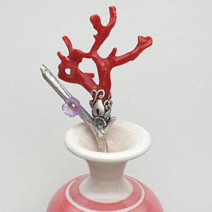 Korean red bamboo coral dwikkoji Hairpin silver - Handmade Silver Binyeo - Traditional Korean Bridal Hair Ornament - Royal Heritage Gift