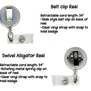 May include: Two retractable badge reels with clear vinyl straps and snaps. The reel on the left has a slide-style belt clip. The reel on the right has a rotating metal spring clip. Both reels have a retractable cord length of 34 inches.