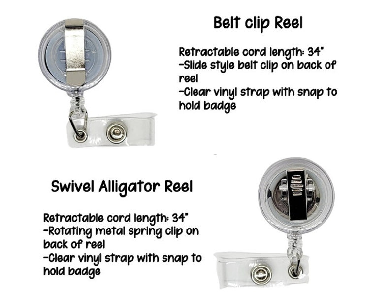 May include: Two retractable badge reels with clear vinyl straps and snaps. The reel on the left has a slide-style belt clip. The reel on the right has a rotating metal spring clip. Both reels have a retractable cord length of 34 inches.
