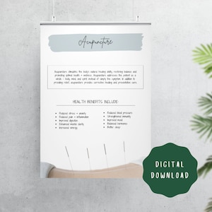 Könnte beinhalten: Ein weißes Poster mit dem Wort "Akupunktur" in Schreibschrift. Das Poster listet gesundheitliche Vorteile auf und zeigt Nadeln, die in den Rücken einer Person eingeführt werden. Der Text "DIGITALER DOWNLOAD" befindet sich in einem grünen Kreis.