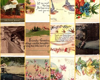 Puede incluir: Un collage de postales antiguas con varios temas. Una presenta una escena con el texto "Oh: how good.", otra con "Best Wishes" y un paisaje, y una tercera con herrerillos. Otras tarjetas muestran flores y escenas románticas.