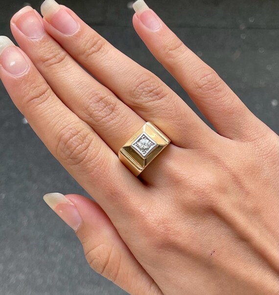 Bague Style 'Tank' En Or Jaune 18K Et Platine Sertie De Diamants - Taille 54-55 - Occasion
