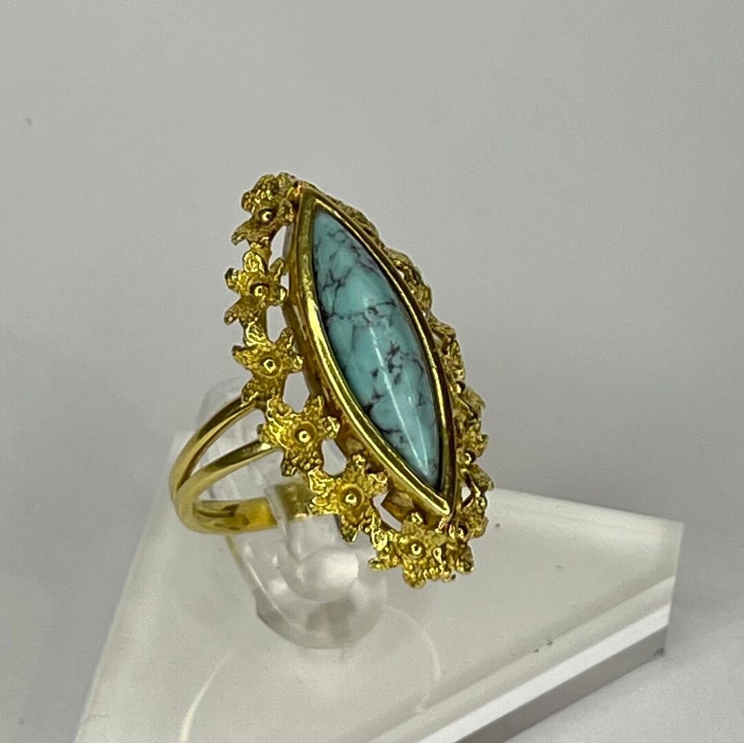 Women's 10k Yellow Gold Simulated Opal Marquise Statement Ring - Size 11, Modern Design With Cubic Zirconia - View #9