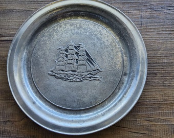 Vintage Pewter Nautical Schooner Plate 11" The Olde Bradford Co.