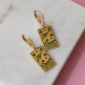 GOLD Zodiac Star Sign Tarot Earrings, Tarot Card Necklace Hoop SET · Sun Fortune Moon World Wisdom Sign Waterproof Mystic Celestial Jewelry