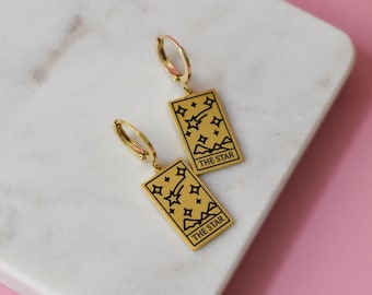 GOLD Zodiac Star Sign Tarot Earrings, Tarot Card Necklace Hoop SET · Sun Fortune Moon World Wisdom Sign Waterproof Mystic Celestial Jewelry