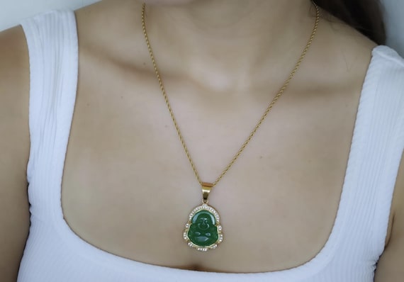 18K Gold Buddha Necklace, Buddhism Religious Jade Buddha Necklace Dark Purple Buddha Laughing WATERPROOF Jewelry Mom Mother Christmas Gift
