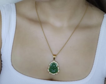 18K Gold Buddha Necklace, Buddhism Religious Jade Buddha Necklace Dark Purple Buddha Laughing WATERPROOF Jewelry Mom Mother Christmas Gift