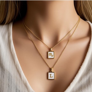 Gold Initial Letter Necklace, WATERPROOF Necklace Initial Letter Necklace, Square Alphabet Rectangle Mother of Shell Constellation Jewelry