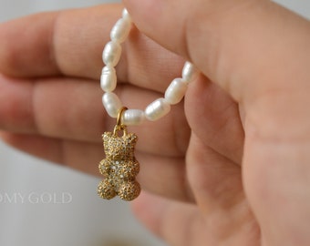 Gold BEAR Charm Crystal Pendant Gold Necklace Pearl Necklace Hoop Earrings Set Animal Charm Teddy Bear Pendant Necklace Waterproof Necklace