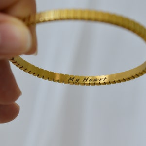18K Gold Bangle Bracelet - Thin and Stackable Custom Engraved Bracelet -Textured Gold Cuff - Versatile and Adjustable Gold Striped Bangle