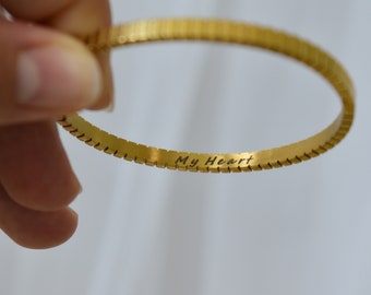 18K Gold Bangle Bracelet - Thin and Stackable Custom Engraved Bracelet -Textured Gold Cuff - Versatile and Adjustable Gold Striped Bangle