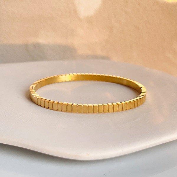 18K Gold Bangle Bracelet - Thin and Stackable Custom Engraved Bracelet -Textured Gold Cuff - Versatile and Adjustable Gold Striped Bangle