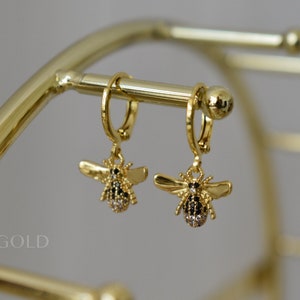 Gold Bee Earrings Bee Pendant Necklace SET Beaded Gold Chain Necklace Gold Hoop Earrings Animal Charm WATERPROOF Jewelry Animal