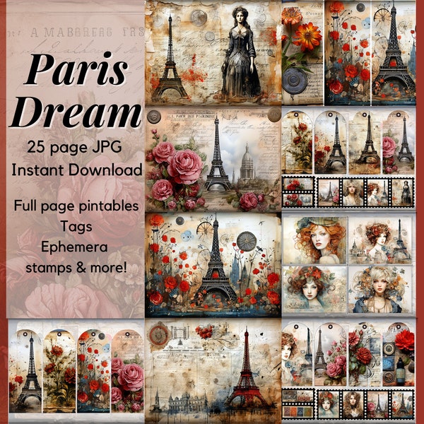 Romantic Paris Dream, Beautiful JPG Instant download, Decorative red and pink florals, Eiffel Tower Ephemera, Vintage digital paper, roses