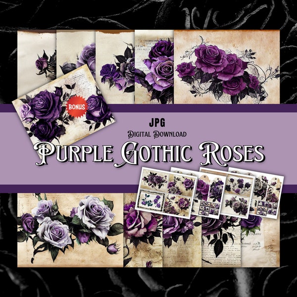 Purple Gothic Roses JPG Instant Download Ephemera pages |dark romantic Junk Journal | Printable | Floral Digital Paper | Fantasy decorative