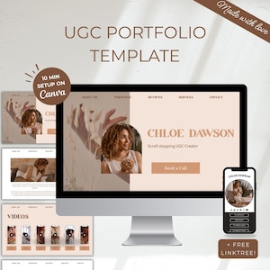 Peut inclure: Un écran d'ordinateur, un smartphone et des maquettes de sites web présentent un modèle de portfolio UGC. Le modèle utilise une palette de couleurs beige et marron, avec le texte "UGC PORTFOLIO TEMPLATE" et "CHLOE DAWSON" en évidence. L'image comprend également le texte "10 MIN SETUP ON Canva".