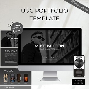 Puede incluir: Una plantilla de portafolio UGC se muestra en un monitor de computadora, un teléfono inteligente y una tableta. La plantilla incluye el texto "UGC PORTFOLIO TEMPLATE", "MIKE MILTON" y el botón "Book a Call". El diseño es principalmente en blanco y negro.