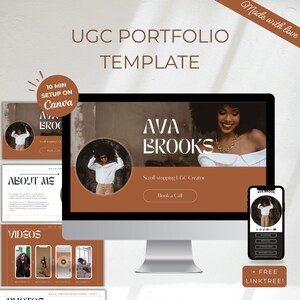 Peut inclure: Un écran d'ordinateur et un smartphone affichant un modèle de portfolio UGC. Le modèle présente le nom "AVA BROOKS" et le texte "Scroll stopping UGC Creator." Le texte supplémentaire comprend "10 MIN SETUP ON Canva" et "+ FREE LINKTREE!"