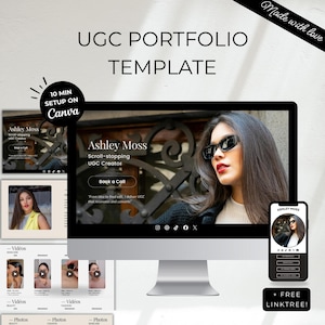 Peut inclure: Un écran d'ordinateur, un smartphone et d'autres écrans numériques présentent un modèle de portfolio UGC. Le modèle affiche le nom "Ashley Moss" et le texte "Scroll-stopping UGC Creator". La conception comprend un bouton "Book a Call" et des icônes de médias sociaux.