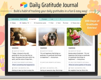 Daily Gratitude Journal | Modern Gratitude Log + 366 Quotes | Gratefulness Tracker + Visual Gratitude Jar | Be Thankful | Airtable Template