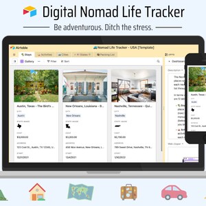 May include: A laptop screen displaying a digital nomad life tracker app with a list of stays in different cities, including Austin, Texas, New Orleans, Louisiana, and Nashville, Tennessee. The app includes a cost, address, and start date for each stay. The app also includes a packing list and a dashboard.