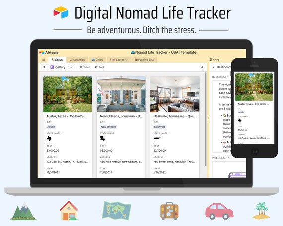 Digital Nomad USA Adventure Tracker | Organize Airbnb / VRBO Stays and Activities | Airtable Template