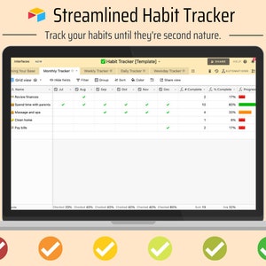 May include: A screenshot of a habit tracker app on a laptop computer. The app has a monthly view, showing a list of habits with checkboxes for each day of the month. The habits include "Review finances", "Spend time with parents", "Massage and spa", "Clean home", and "Pay bills". The app also shows the percentage of each habit that has been completed.