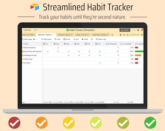 Streamlined Habit Tracker | Beautiful Digital Spreadsheet | Easily Log Actions with Automated Progress Summary Formulas | Airtable Template