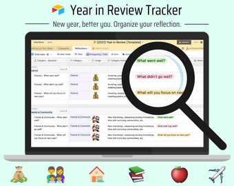 Year-End Review Tracker | Organize New Year Resolutions and Reflections | Goal Planning | Beautiful Digital Spreadsheet | Airtable Template