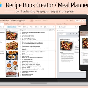 Könnte beinhalten: Ein Screenshot eines Computerbildschirms, der eine App zum Erstellen von Rezeptbüchern zeigt. Die App enthält auf der linken Seite des Bildschirms eine Liste von Rezepten, und auf der rechten Seite des Bildschirms wird ein Rezept für Bell Pepper Keto Nachos angezeigt. Die App hat auch eine mobile Version, die auf der rechten Seite des Bildschirms angezeigt wird.