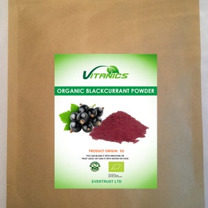 May include: A brown paper bag with a label that says "VITANICS ORGANIC BLACKCURRANT POWDER". The label also shows a bunch of black currants and a scoop of red powder. The label says "PRODUCT ORIGIN: EU" and "EVERTRUST LTD".