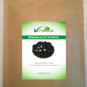 May include: A brown paper bag with a green and white label. The label displays "VITANICS PREMIUM BLACK SOYBEAN" and an image of black soybeans. Text on the label reads "PRODUCT ORIGIN: CHINA."