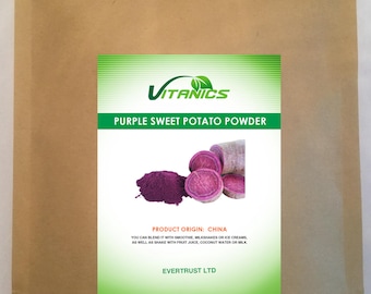 May include: A brown paper bag with a green and white label featuring the text "Vitanics Purple Sweet Potato Powder." The label includes an image of purple sweet potato powder and sliced sweet potatoes. The text also mentions the product origin is China.