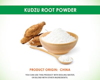 May include: A white powder in a wooden bowl with a spoon. The powder is Kudzu Root Powder, a product of China. The product is from the brand Vitanics B.V.