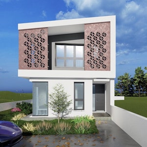 May include: A white two-story house with a modern design. The house has a brown patterned brick facade on the upper level and a white facade on the lower level. The house has a driveway and a small yard with green grass and bushes.