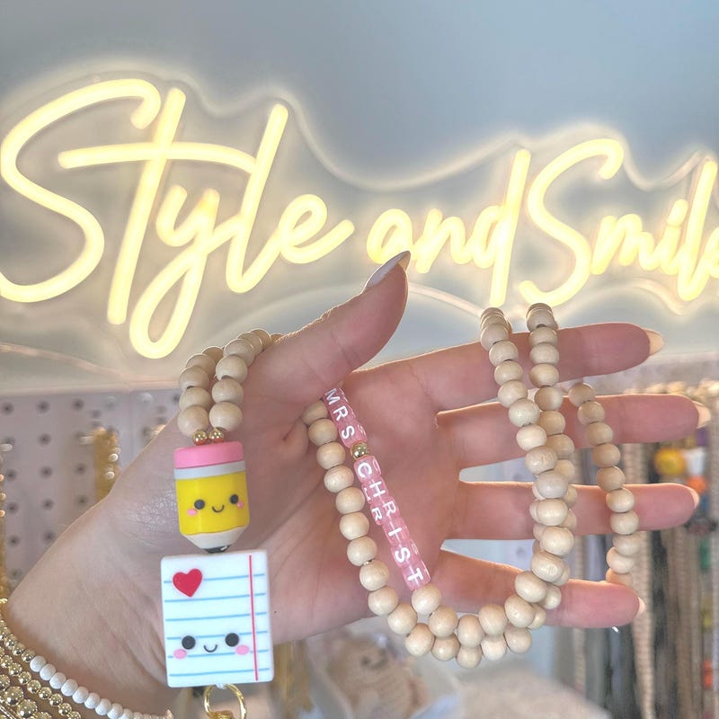 Personalized Wooden Pencil and Paper Beaded Badge Lanyard ID Card Holder with Tassels Back to School Appreciation Birthday Gift for Teacher