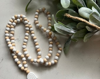 Custom white and wood rainbow lanyard - gift/wood beads/ rainbow /teacher gift