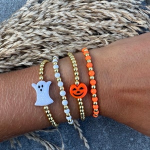 Fall Halloween Beaded Gold Bracelets • Beads, pumpkin, ghost, Halloween, fall, stack, bracelet stack