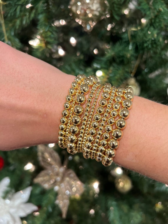 14k Gold Bead Bracelet, Gold Beaded Bracelet Stack, Womens Gold