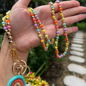 Custom Beaded Lanyard- Rainbow Bright and Gold beads Lanyard\Teachers/Customizable - teacher gift, his her gift, any profession