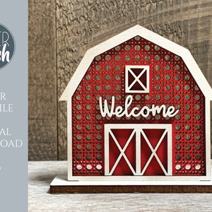 Barn Rattan Cane SVG, Barn Shelf Sitter, Farmhouse shelf decor, Small Barn, Laser Cut File, Barn Tiered Tray sign, Glowforge Digital file